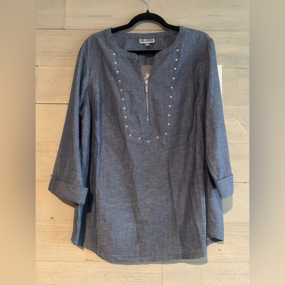 JM Collection Denim Blue Tunic with Pearl Accents